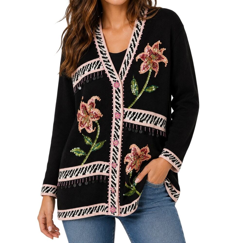 Storybook Knits Women Sz Large Black Pink Wearable Art Lilies Sweater Shirt Top